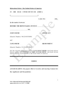 Relocation consent Court Order for minor child to the United States of America- USA - Advocate Muhammad Abduroaf